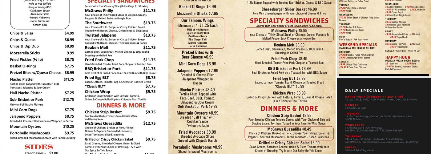 RC McGraws Bar and Grill Menu