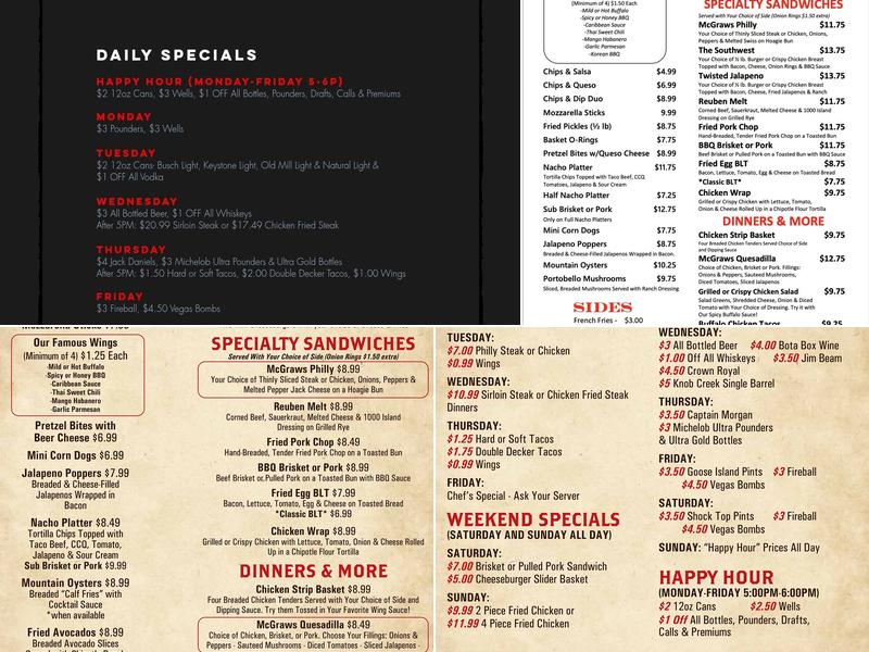 RC McGraws Bar and Grill Menu