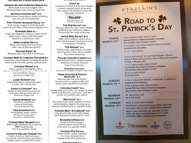 O'Faolains Irish Pub & Restaurant Menu