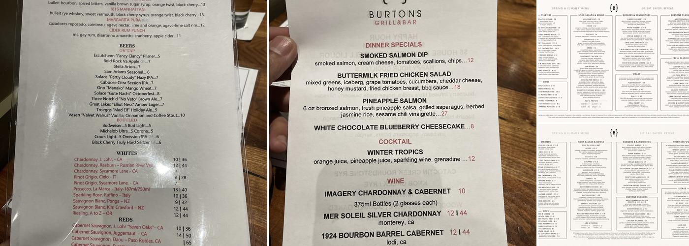 Burtons Grill & Bar Menu