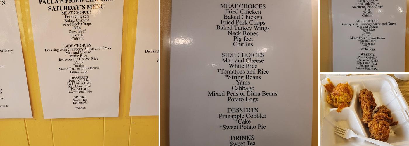 Paula's Fried Chicken Menu