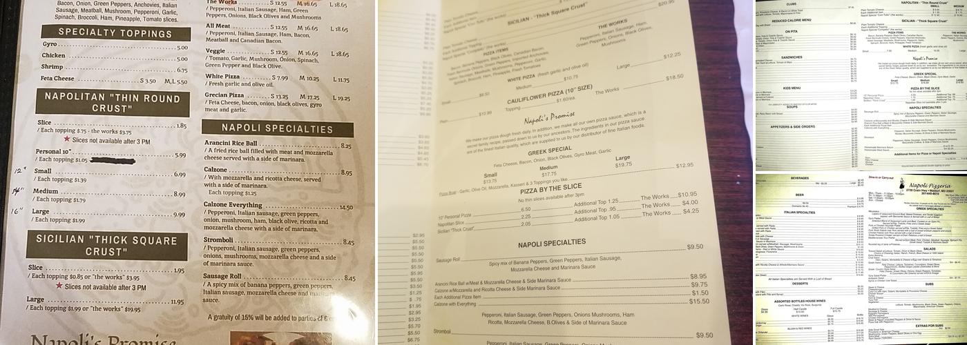 Napoli's Pizzeria Menu