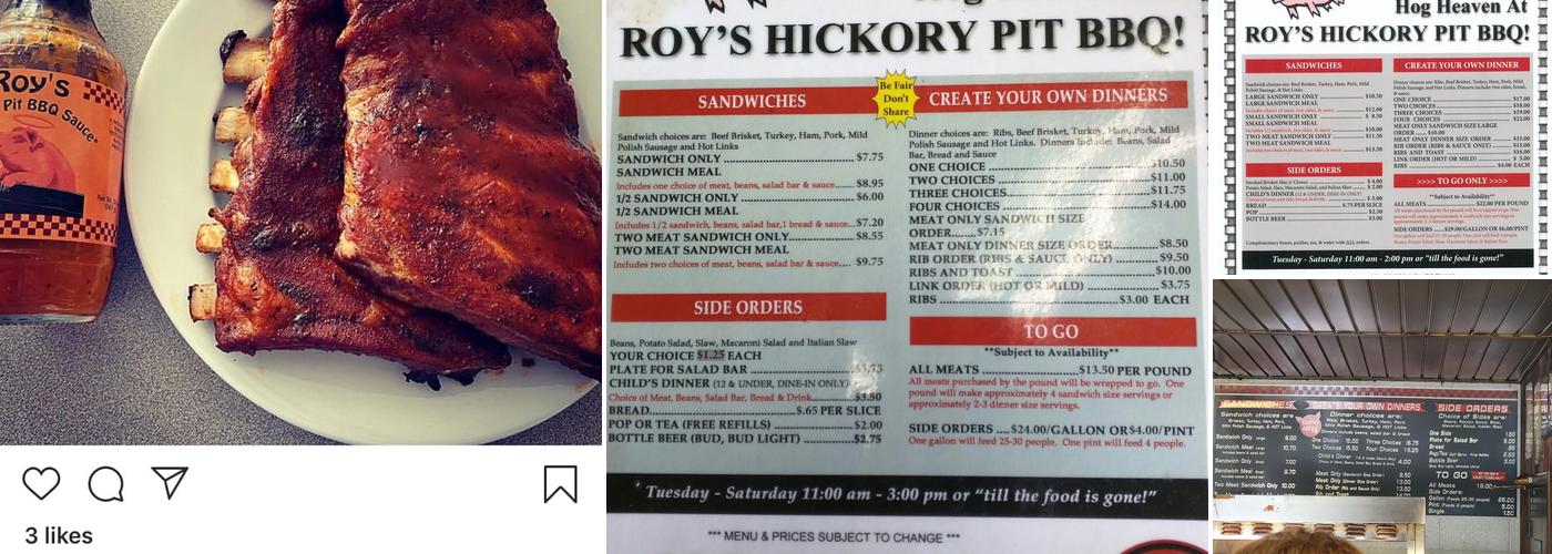 Roy's Hickory Pit BBQ Menu