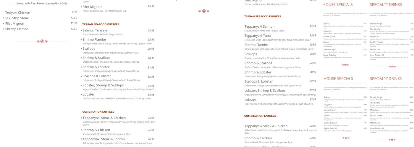 Sakura Japanese Steak, Seafood House & Sushi Bar Menu