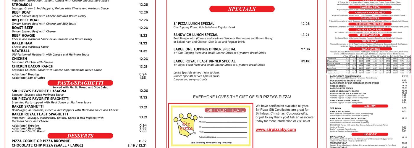 Sir Pizza of Kentucky Menu