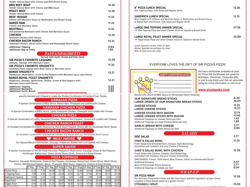 Sir Pizza of Kentucky Menu