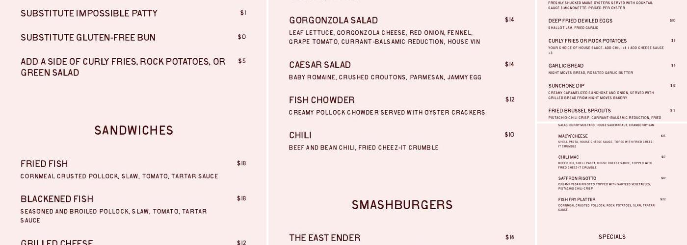 The East Ender Menu