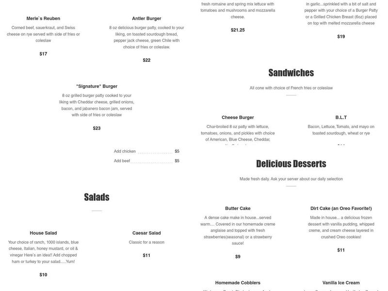 Antlers Cafe & Bar Menu