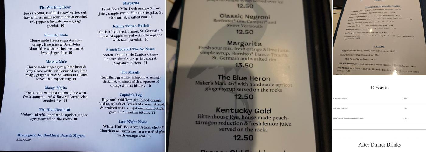The Blue Heron Steakhouse Menu