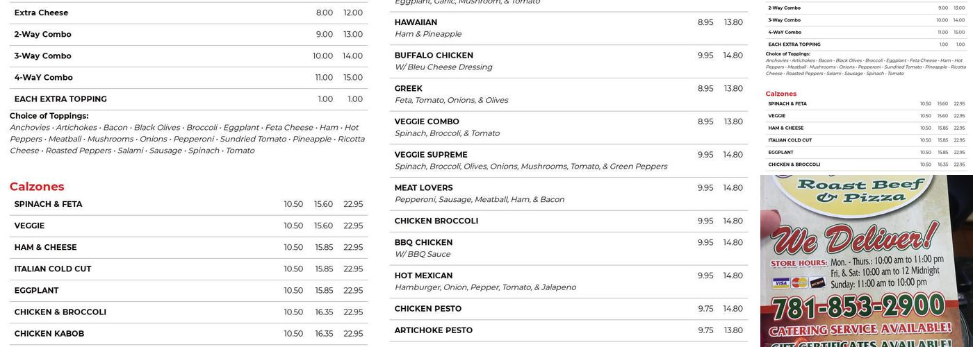MAK's Roast Beef & Pizza Menu
