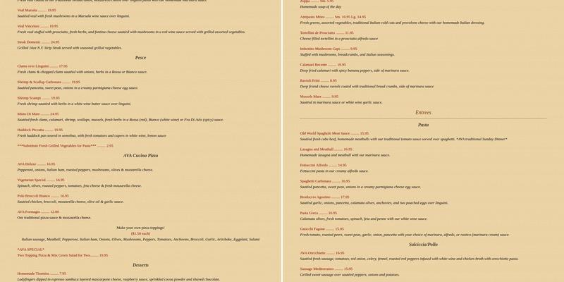 Ava Cucina Menu