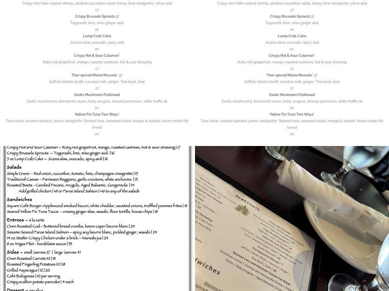 Square Cafe Hingham Menu