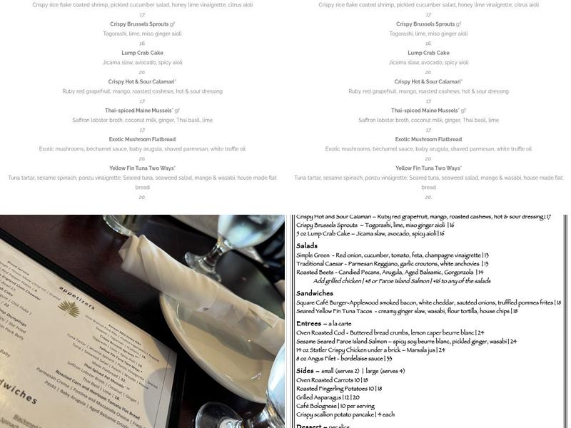 Square Cafe Hingham Menu