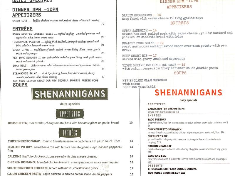 Shenannigans Bar Menu