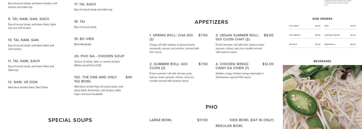 Pho 102 Menu