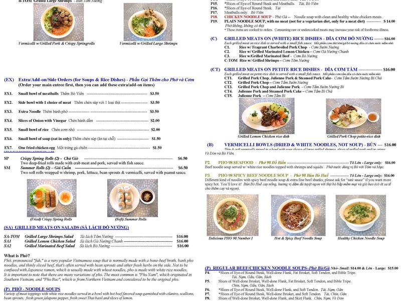 Pho 98 Restaurant Menu