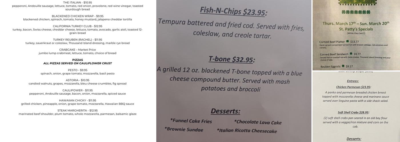 G.L. Shacks Grill Menu