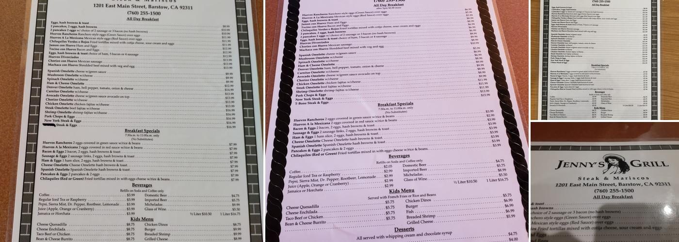 Jenny's Grill Steak & Mariscos Menu