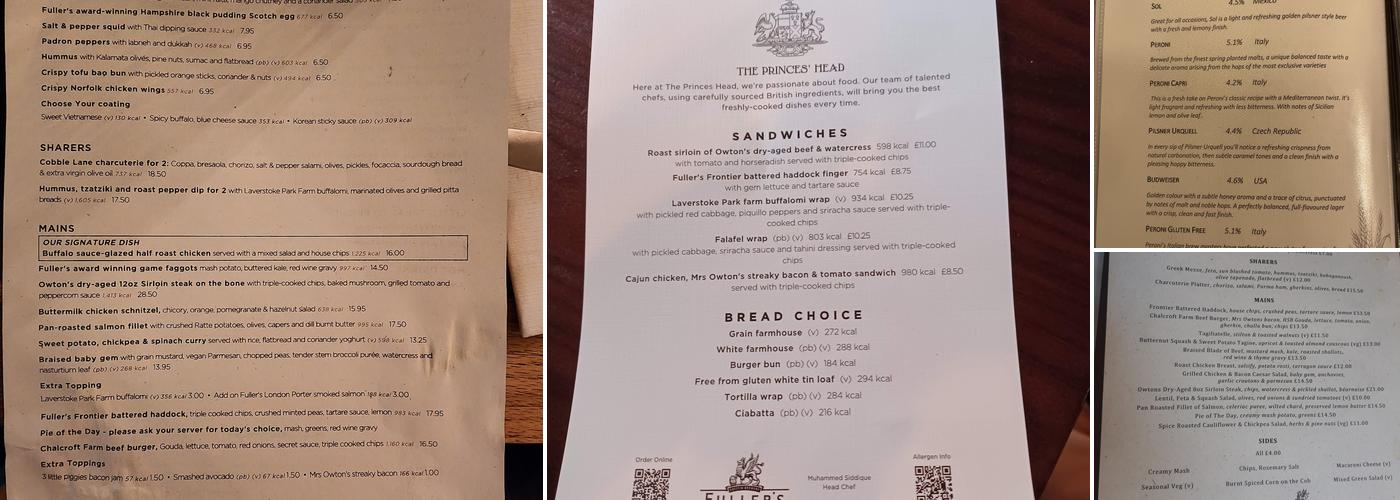 The Prince's Head, Richmond Menu