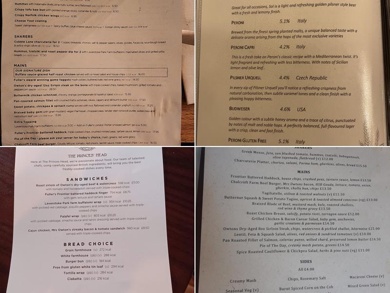 The Prince's Head, Richmond Menu
