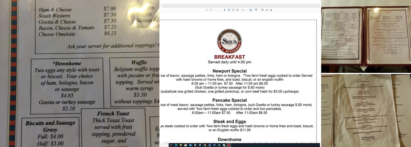 Sis's on Monmouth Menu