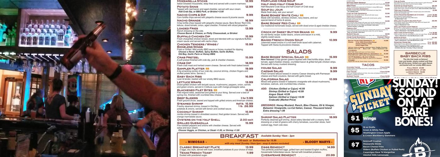 Bare Bones Bar & Grill Menu