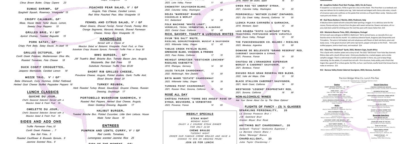 The Iron Bridge Wine Company Menu