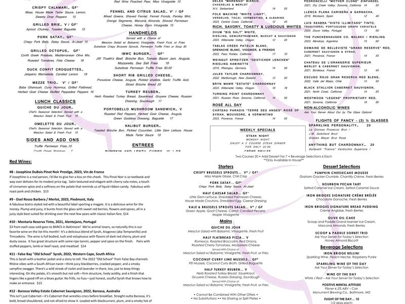 The Iron Bridge Wine Company Menu