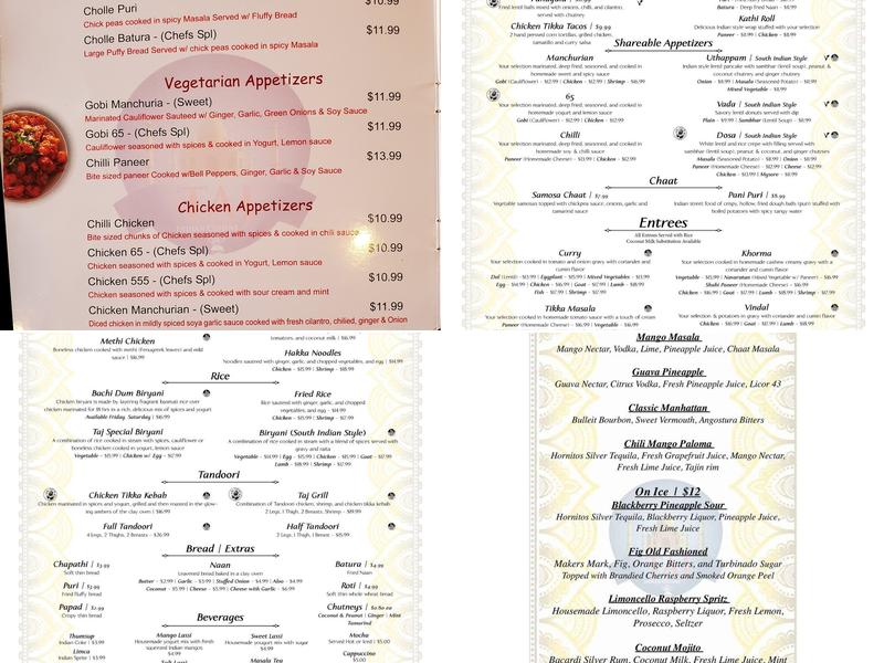 Taj Indian Cuisine Menu