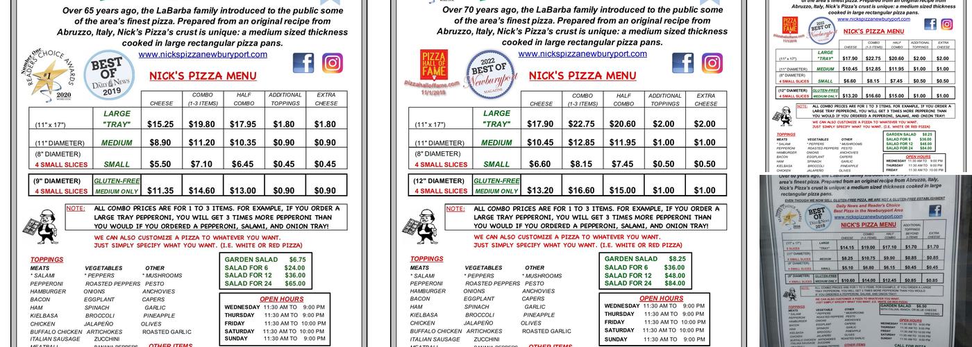 Nick's Pizza Menu
