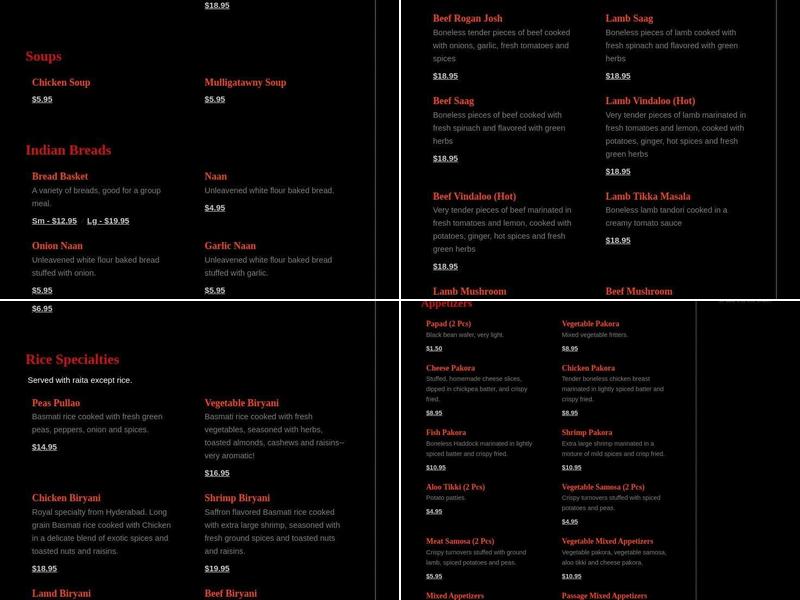 Passage To India Menu