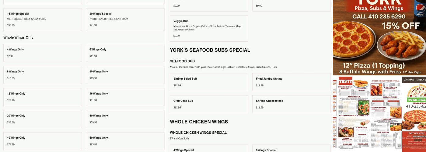 York Pizza, Subs & Wings More Menu