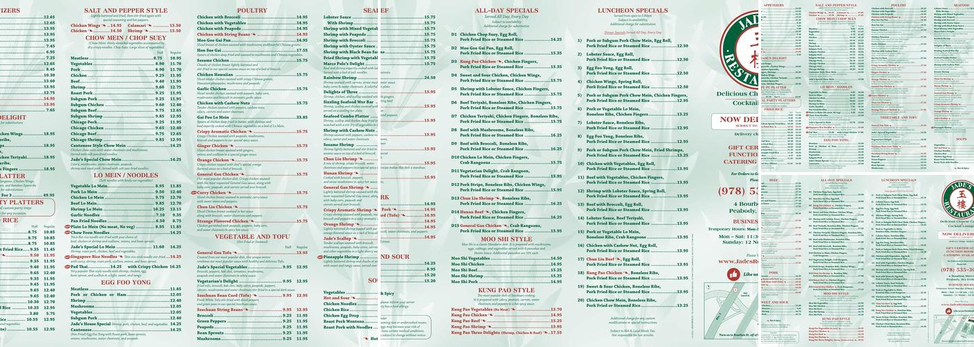 Jade's Restaurant Menu