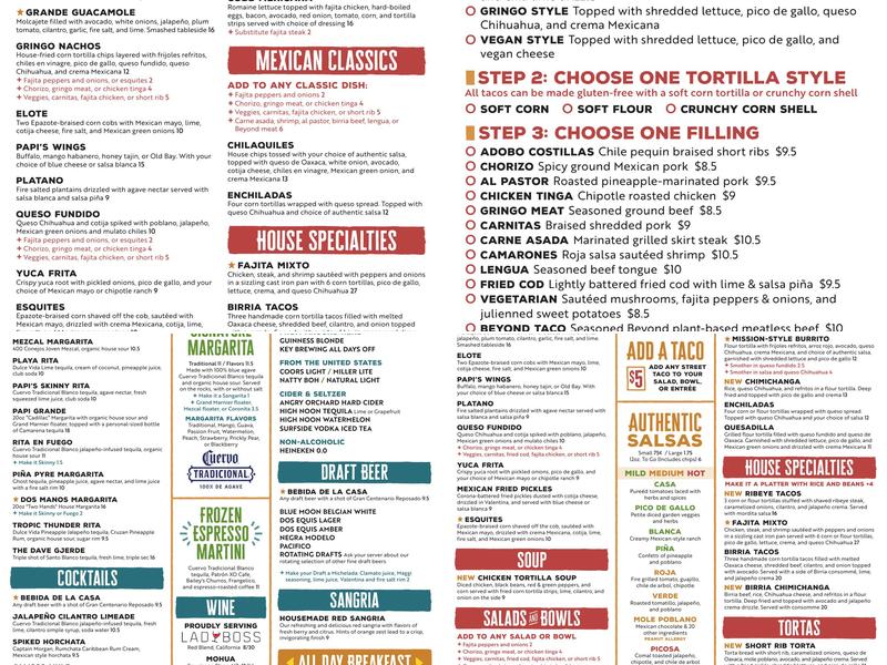 Papi's Tacos Menu