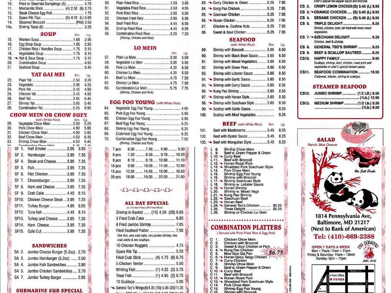 Panda carryout Menu