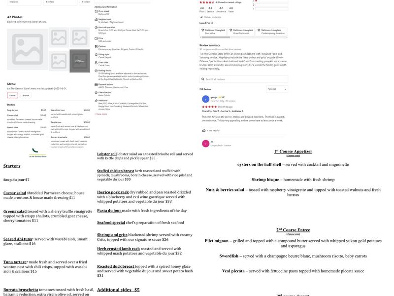 t at the General Store Menu