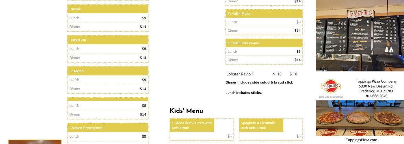 Toppings Pizza Company Menu