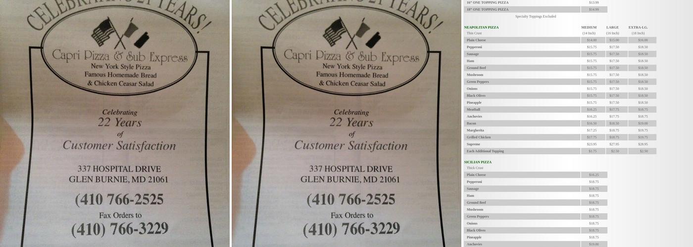 Capri Pizza & Sub Shop Menu