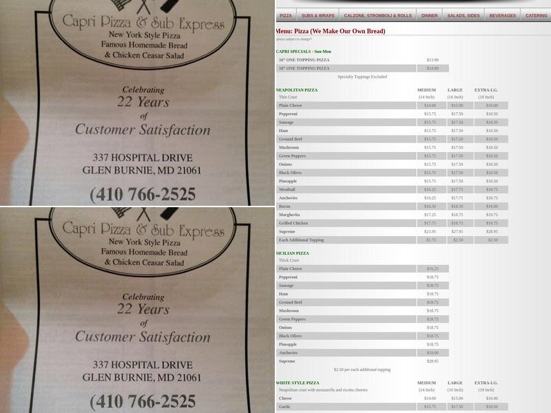 Capri Pizza & Sub Shop Menu