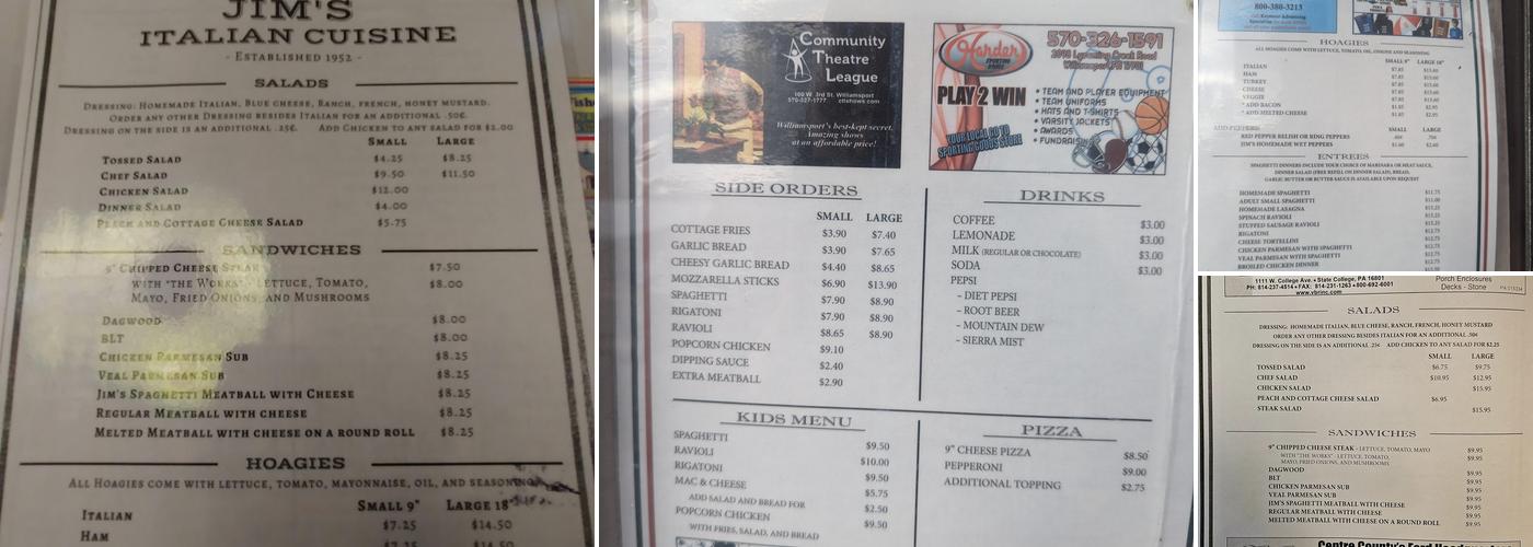 Jim's Italian Cuisine Menu