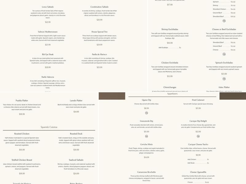 Cacique Restaurant Menu