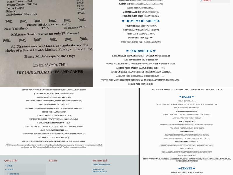 Airways Inn of Frederick Menu