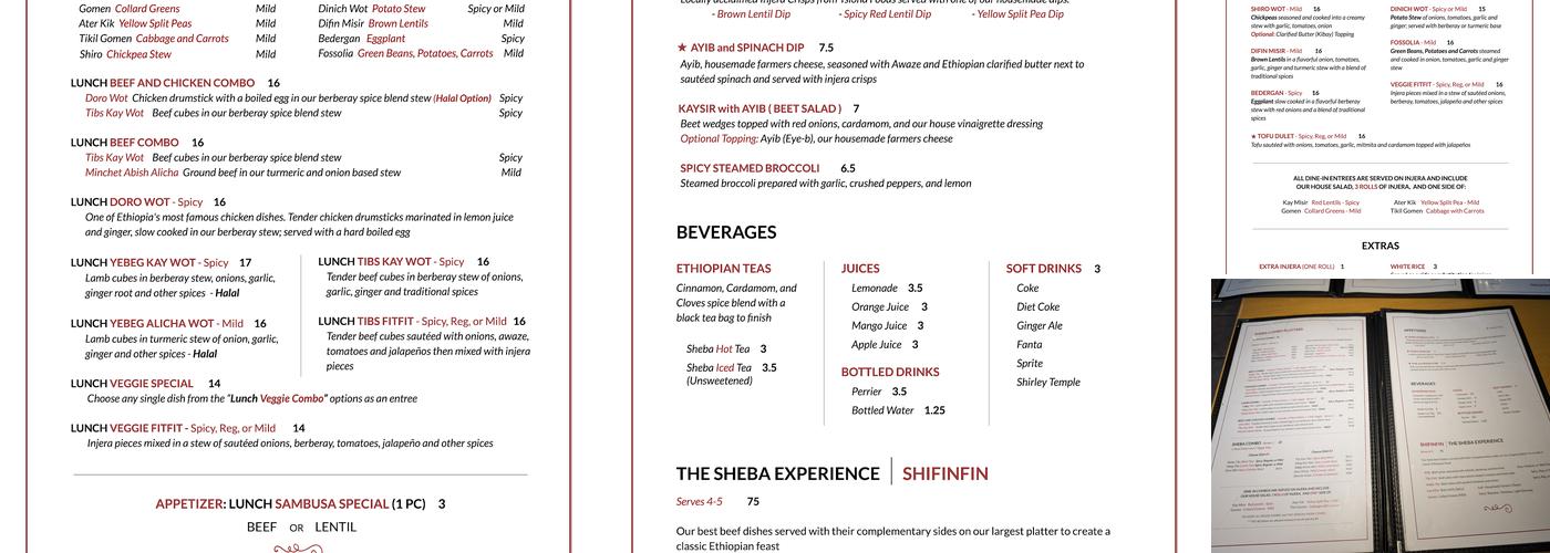 Sheba Ethiopian Restaurant Menu