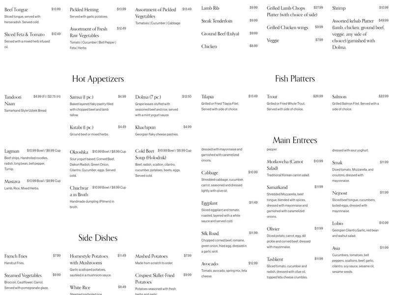 Silk Road Choyhona Menu
