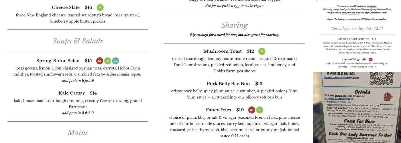 Throwback Brewery Menu
