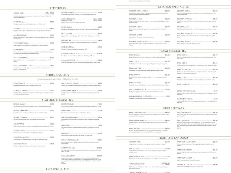 Royal Taj Restaurant Menu