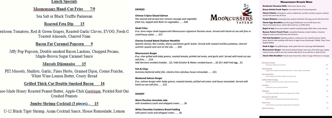 Mooncussers Tavern Menu