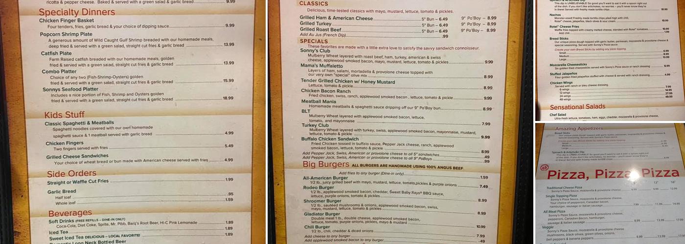 Sonny's Pizza Menu