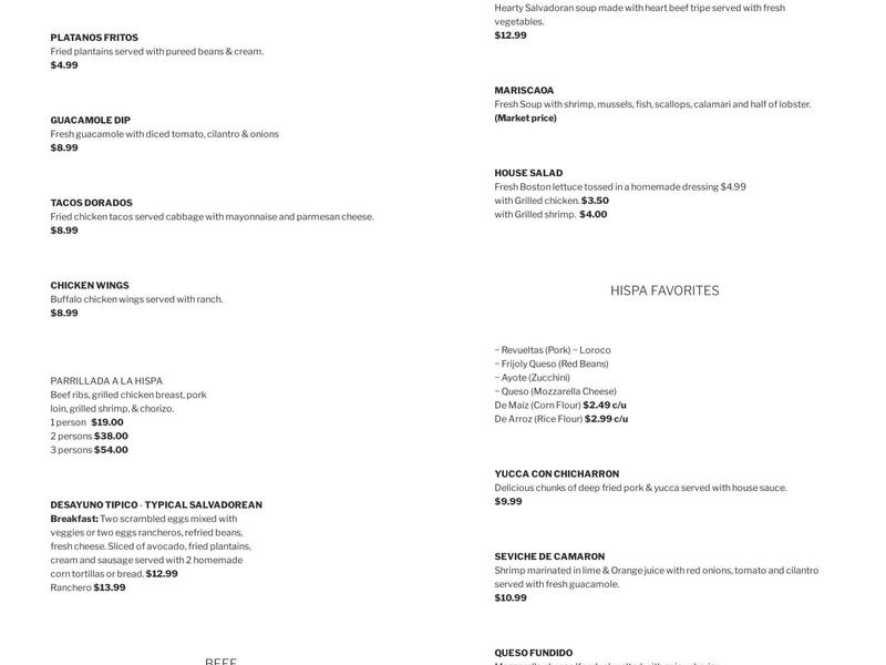 Hispa Restaurant Menu