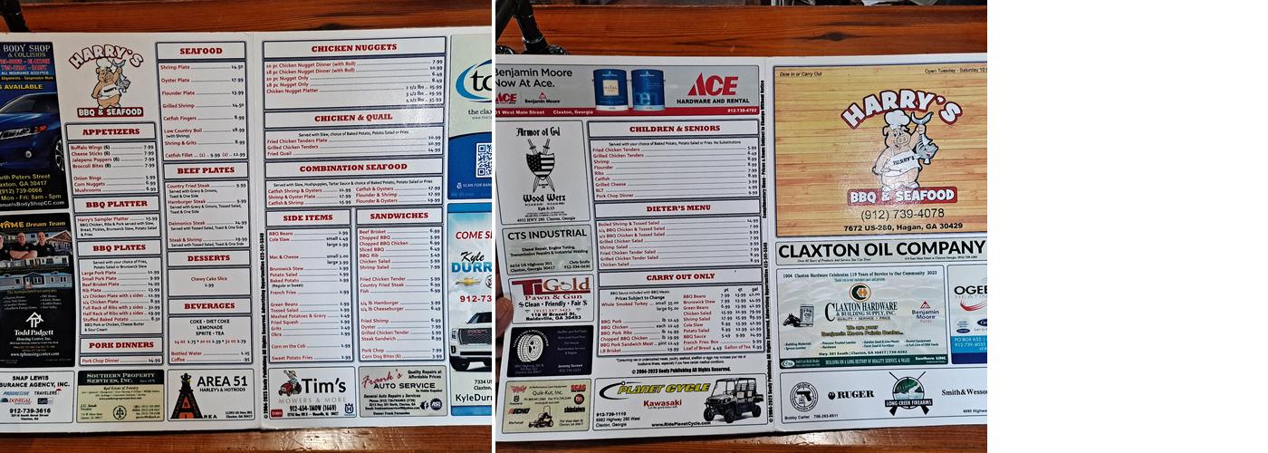 Harry's Barbeque and Seafood Menu